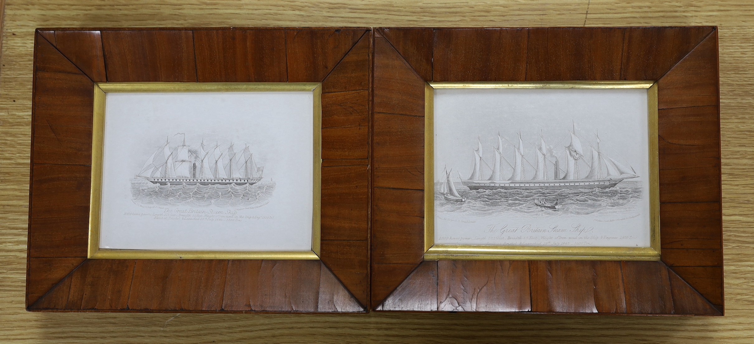 A pair of Victorian mahogany framed steel engravings on steam ships, overall 19 x 23cm